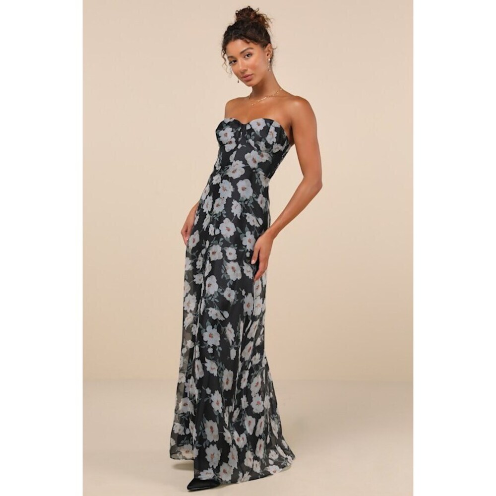 Lulus Chic Preciousness Black Floral Organza Bustier Maxi Dress - Size M